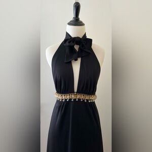 Vintage Black Maxi Dress 60s 70s Evening Gold Crystal Trim Halter Tie Neck SZ S